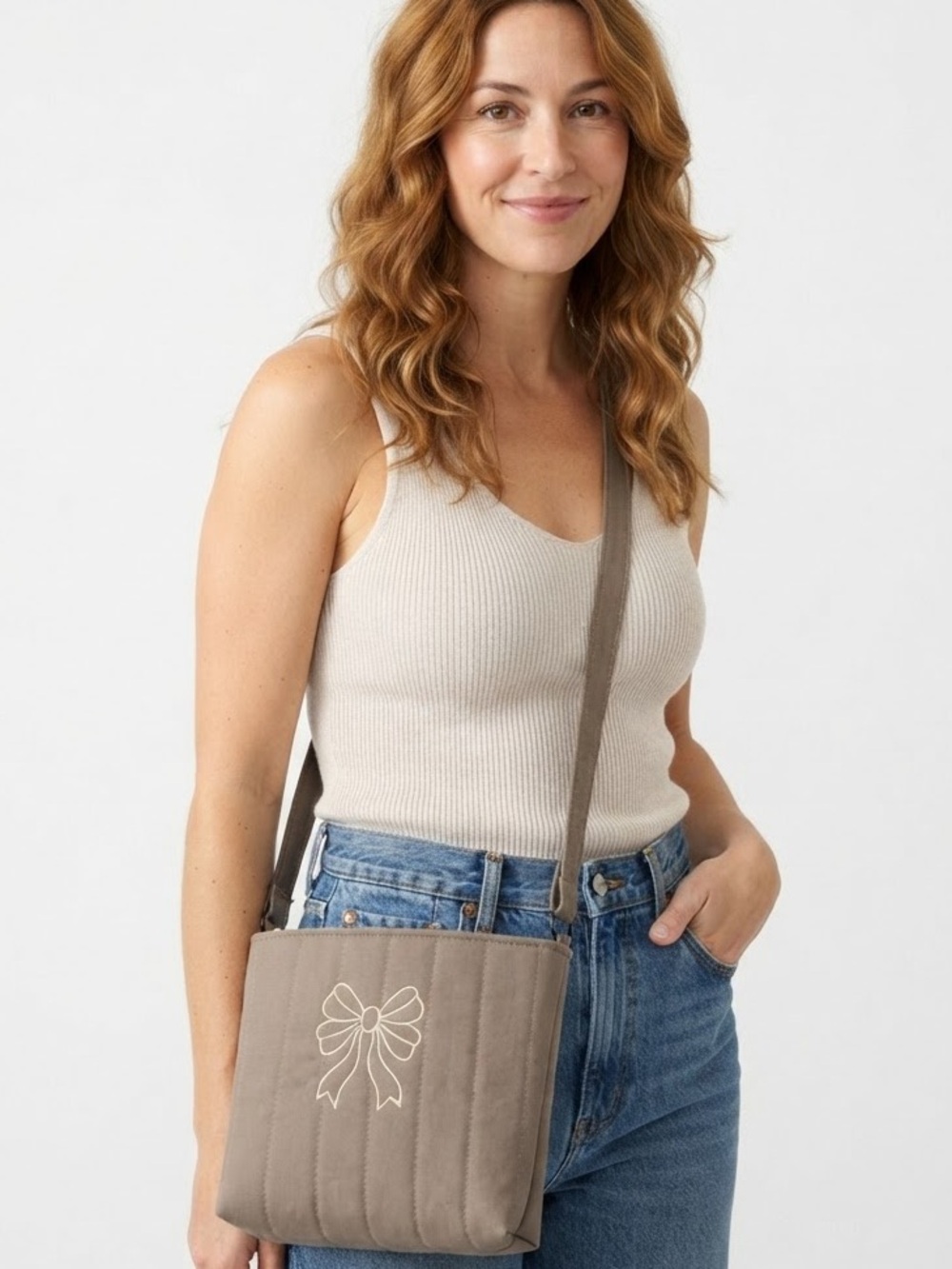 NEW Handmade Quilted Taupe Crossbody Bag with Embroidered Bow